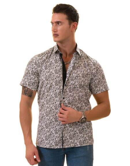 Black & White Paisley Short Sleeve Button-Up Shirt, Slim Fit Cotton Dress Shirt
