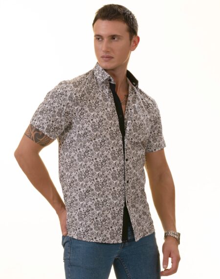 Black & White Paisley Short Sleeve Button-Up Shirt, Slim Fit Cotton Dress Shirt