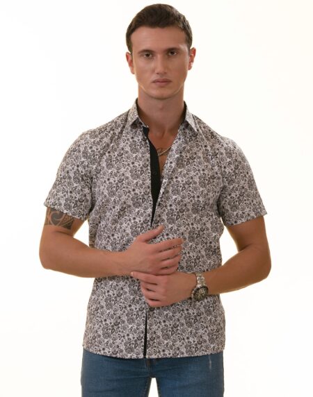 Black & White Paisley Short Sleeve Button-Up Shirt, Slim Fit Cotton Dress Shirt