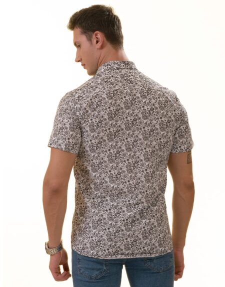 Black & White Paisley Short Sleeve Button-Up Shirt, Slim Fit Cotton Dress Shirt
