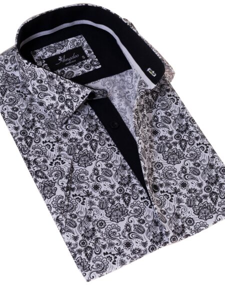 Black & White Paisley Short Sleeve Button-Up Shirt, Slim Fit Cotton Dress Shirt
