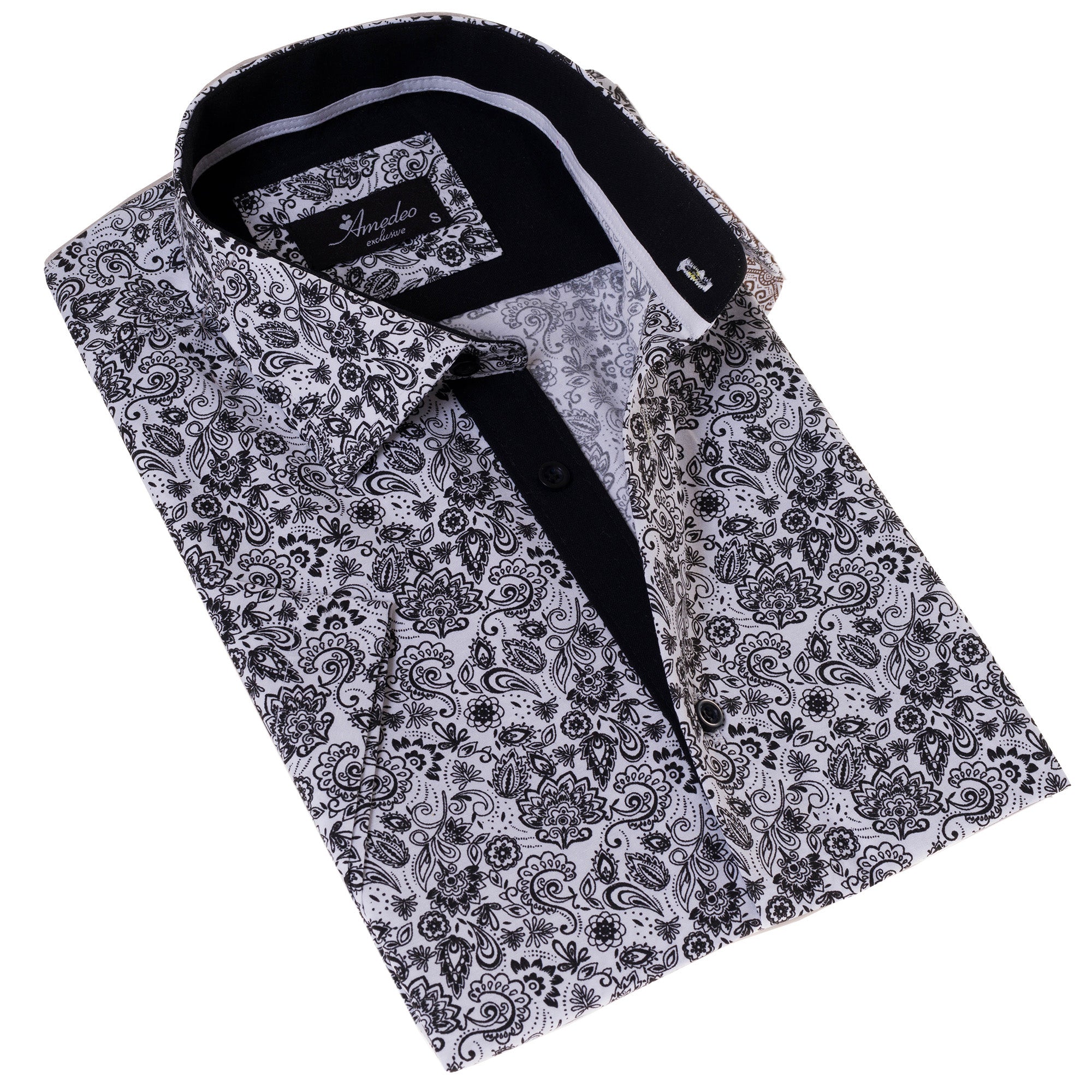 Black & White Paisley Short Sleeve Button-Up Shirt, Slim Fit Cotton Dress Shirt