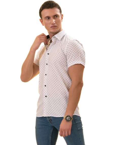 White with Black Printed Paisley Short Sleeve Button-Up Shirt – Slim Fit Cotton