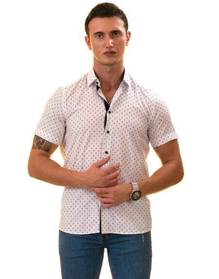 White with Black Printed Paisley Short Sleeve Button-Up Shirt – Slim Fit Cotton