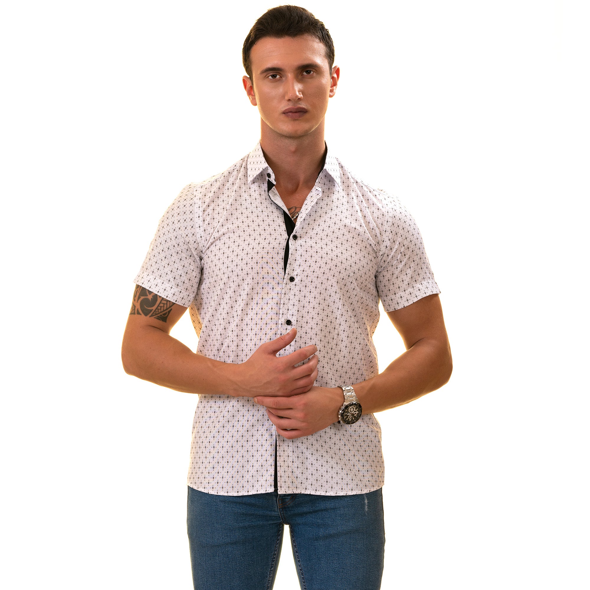 White with Black Printed Paisley Short Sleeve Button-Up Shirt - Slim Fit Cotton - Image 3