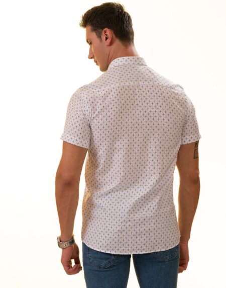 White with Black Printed Paisley Short Sleeve Button-Up Shirt – Slim Fit Cotton