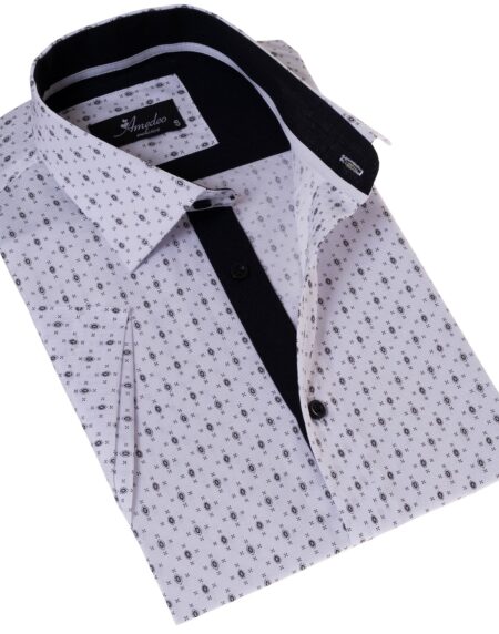 White with Black Printed Paisley Short Sleeve Button-Up Shirt – Slim Fit Cotton