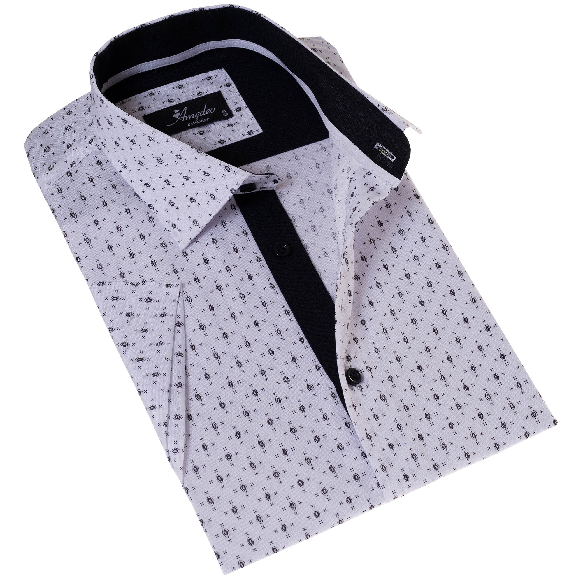 White with Black Printed Paisley Short Sleeve Button-Up Shirt – Slim Fit Cotton