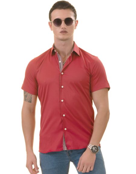 Red with Burgundy Interior Paisley Short Sleeve Button-Up Shirt – Slim Fit Cotton