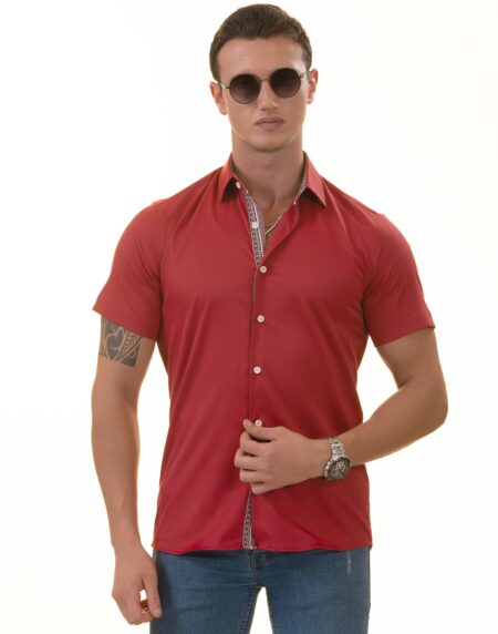 Red with Burgundy Interior Paisley Short Sleeve Button-Up Shirt – Slim Fit Cotton