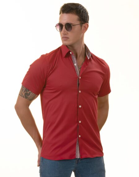 Red with Burgundy Interior Paisley Short Sleeve Button-Up Shirt – Slim Fit Cotton