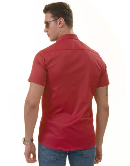 Red with Burgundy Interior Paisley Short Sleeve Button-Up Shirt – Slim Fit Cotton