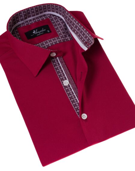 Red with Burgundy Interior Paisley Short Sleeve Button-Up Shirt – Slim Fit Cotton