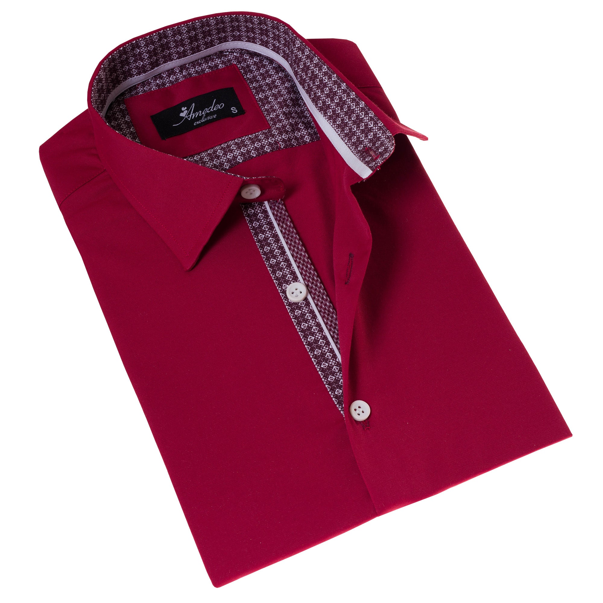 Red with Burgundy Interior Paisley Short Sleeve Button-Up Shirt – Slim Fit Cotton