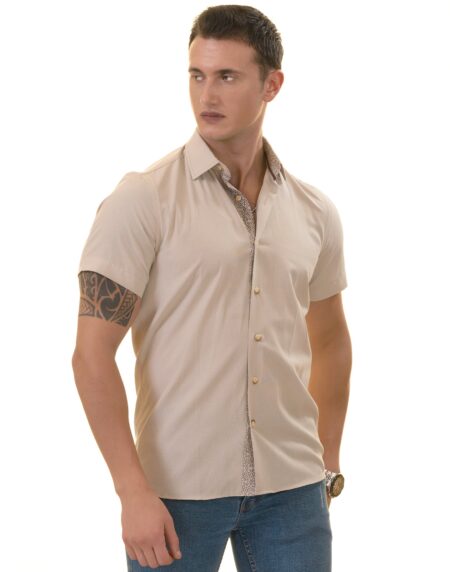 Beige Inside Different Paisley Short Sleeve Button-Up Shirt – Slim Fit Cotton