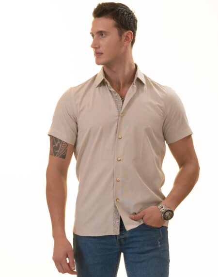 Beige Inside Different Paisley Short Sleeve Button-Up Shirt – Slim Fit Cotton