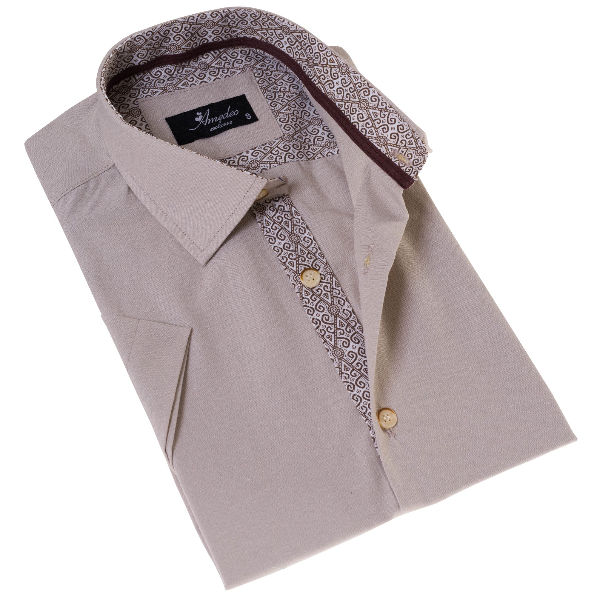 Beige Inside Different Paisley Short Sleeve Button-Up Shirt – Slim Fit Cotton