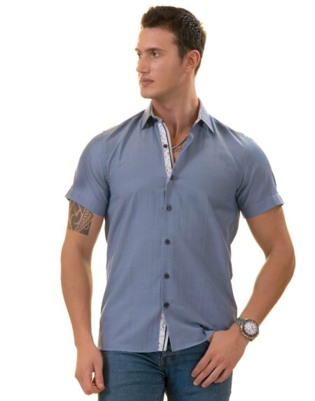 Blue Oxford Inside Floral Paisley Short Sleeve Button-Up Shirt – Slim Fit Cotton