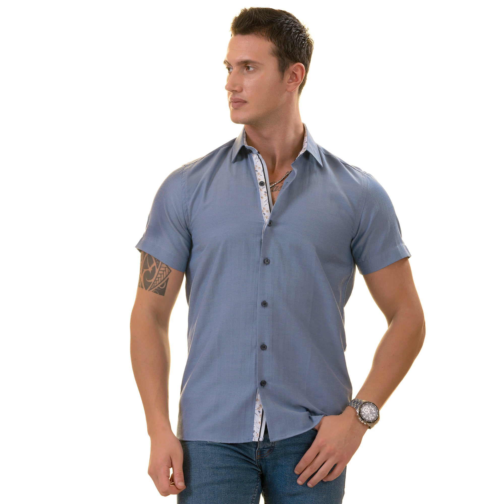 Blue Oxford Inside Floral Paisley Short Sleeve Button-Up Shirt - Slim Fit Cotton - Image 2