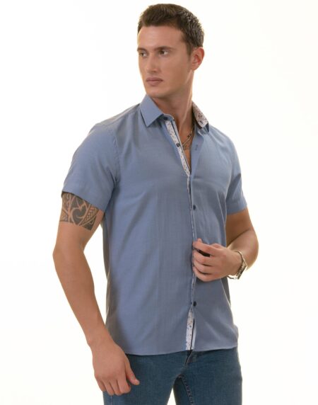 Blue Oxford Inside Floral Paisley Short Sleeve Button-Up Shirt – Slim Fit Cotton