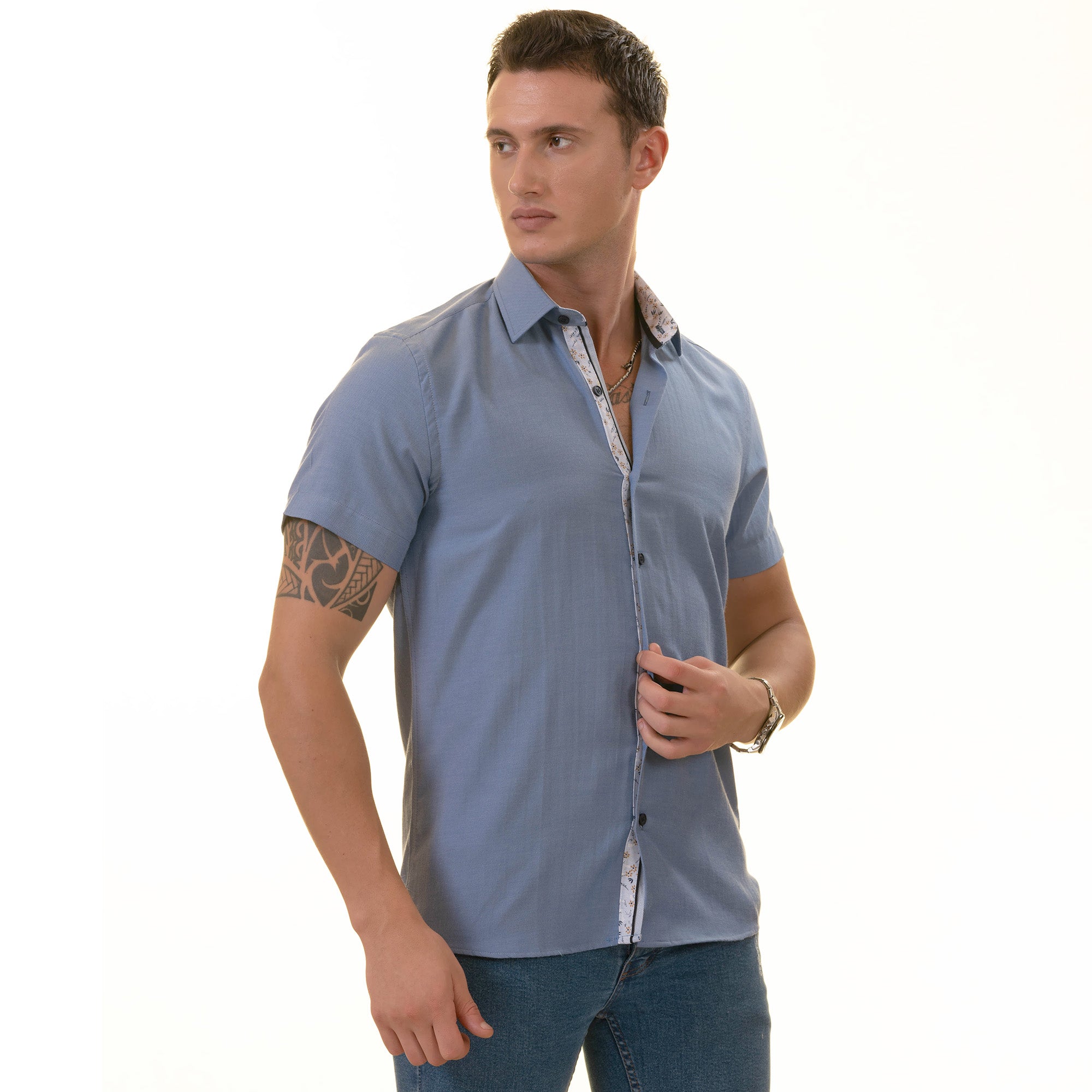 Blue Oxford Inside Floral Paisley Short Sleeve Button-Up Shirt - Slim Fit Cotton - Image 3