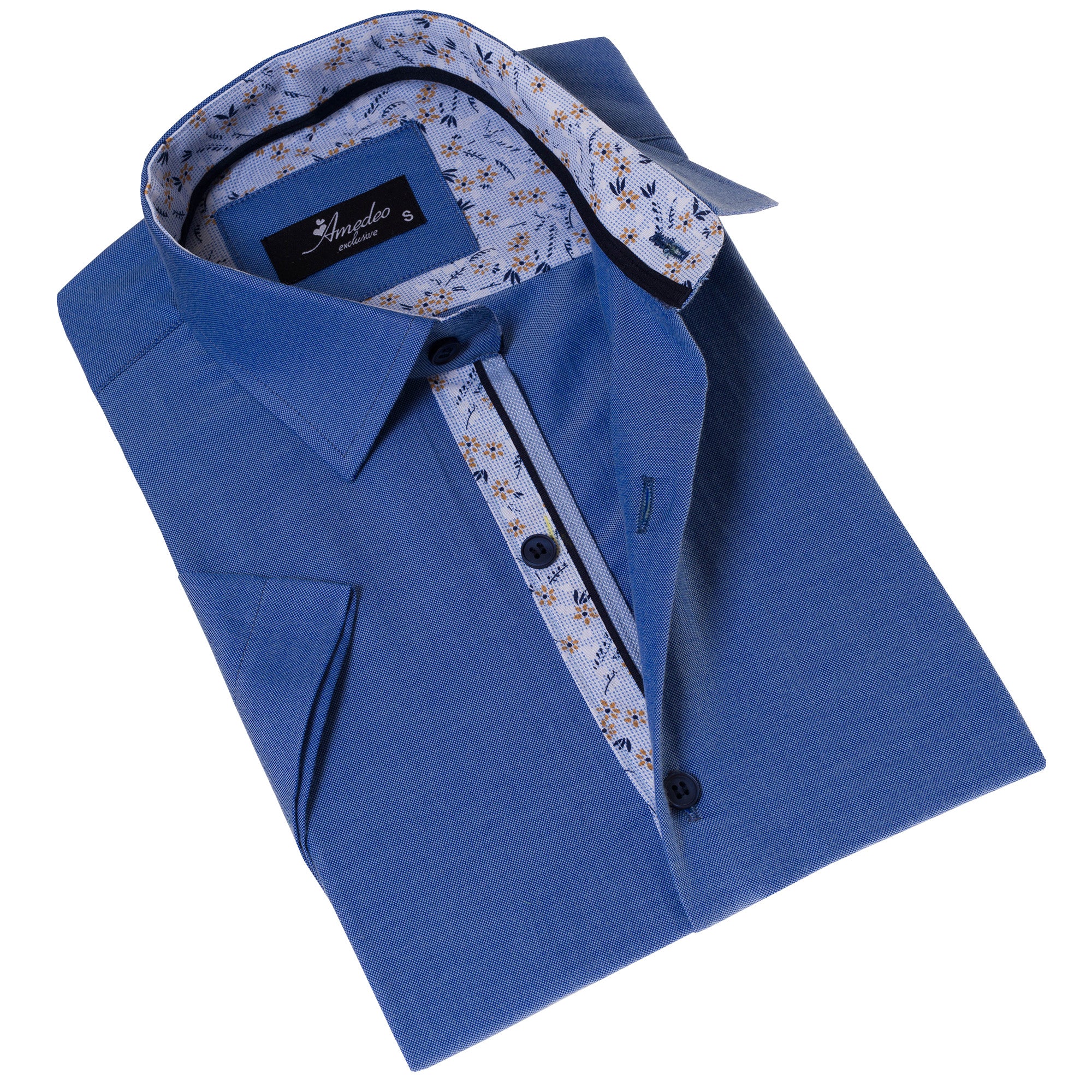 Blue Oxford Inside Floral Paisley Short Sleeve Button-Up Shirt – Slim Fit Cotton