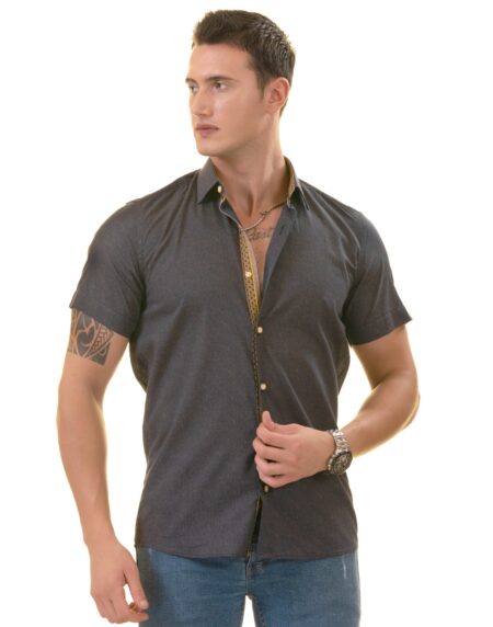 Navy Mustard Designer Paisley Short Sleeve Button-Up Shirt – Slim Fit Cotton