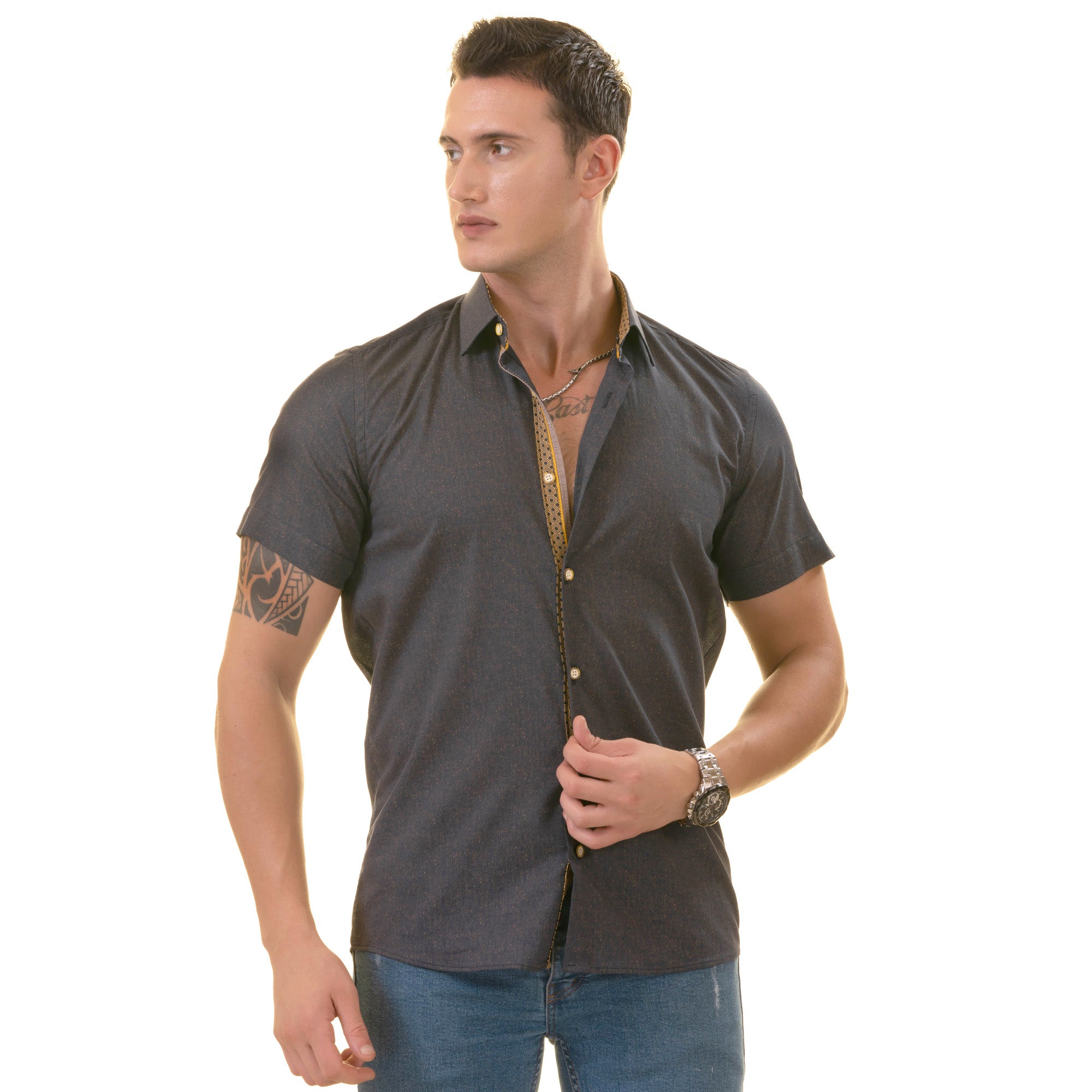 Navy Mustard Designer Paisley Short Sleeve Button-Up Shirt - Slim Fit Cotton - Image 2