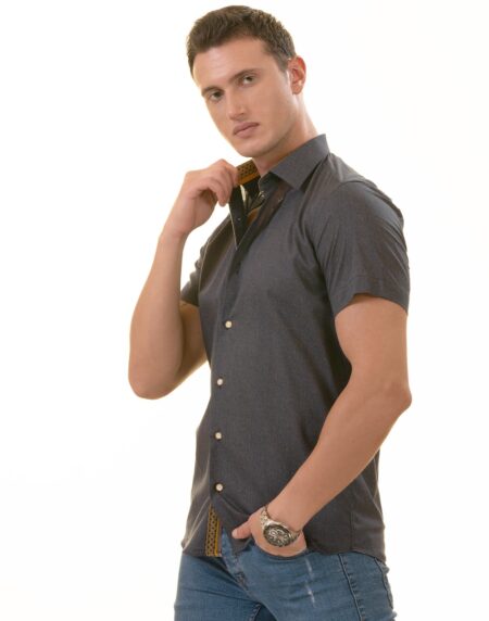 Navy Mustard Designer Paisley Short Sleeve Button-Up Shirt – Slim Fit Cotton