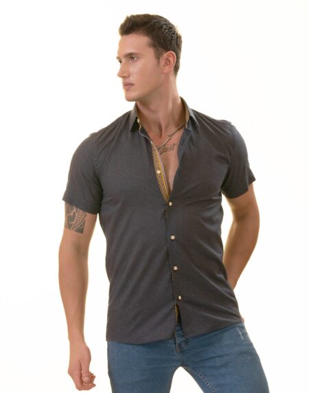 Navy Mustard Designer Paisley Short Sleeve Button-Up Shirt – Slim Fit Cotton