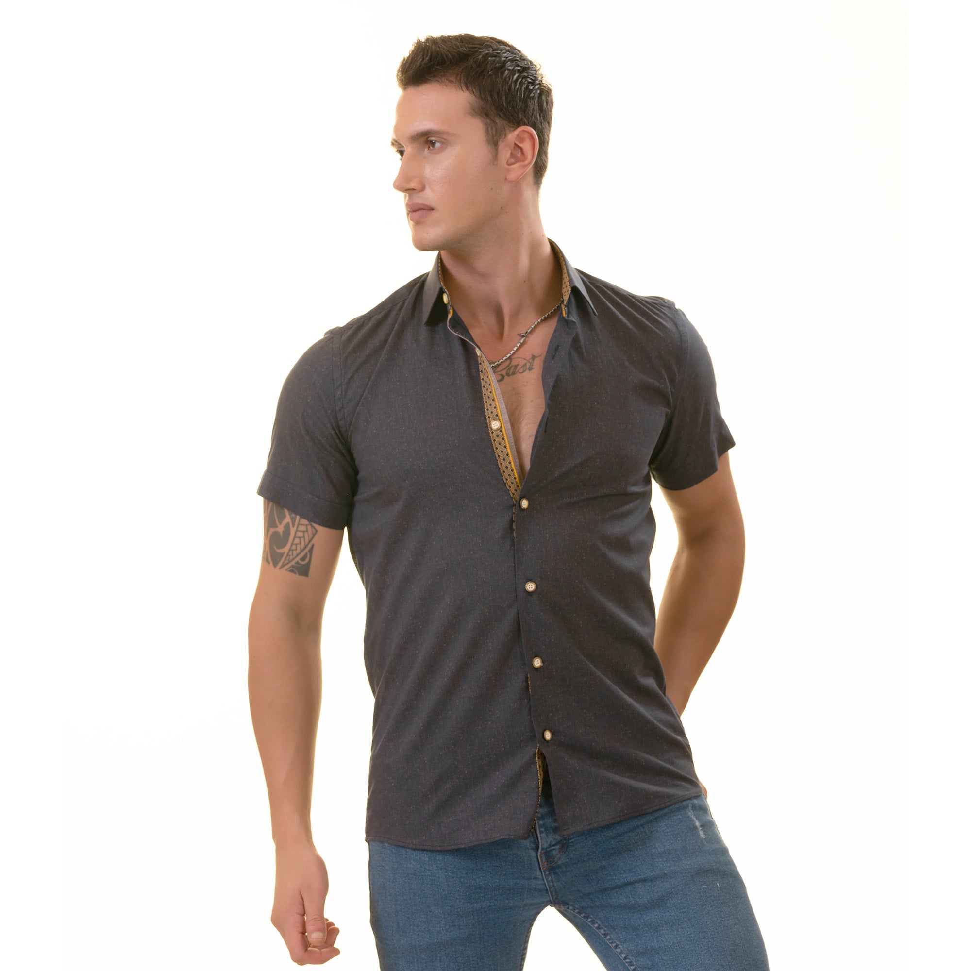 Navy Mustard Designer Paisley Short Sleeve Button-Up Shirt - Slim Fit Cotton - Image 4
