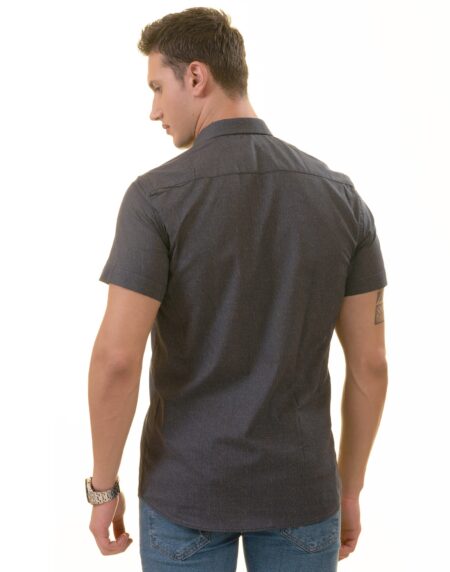 Navy Mustard Designer Paisley Short Sleeve Button-Up Shirt – Slim Fit Cotton