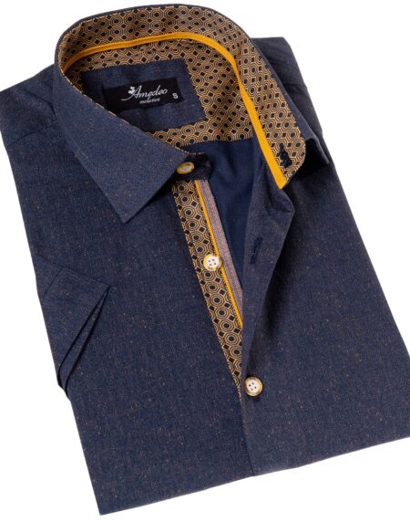 Navy Mustard Designer Paisley Short Sleeve Button-Up Shirt – Slim Fit Cotton