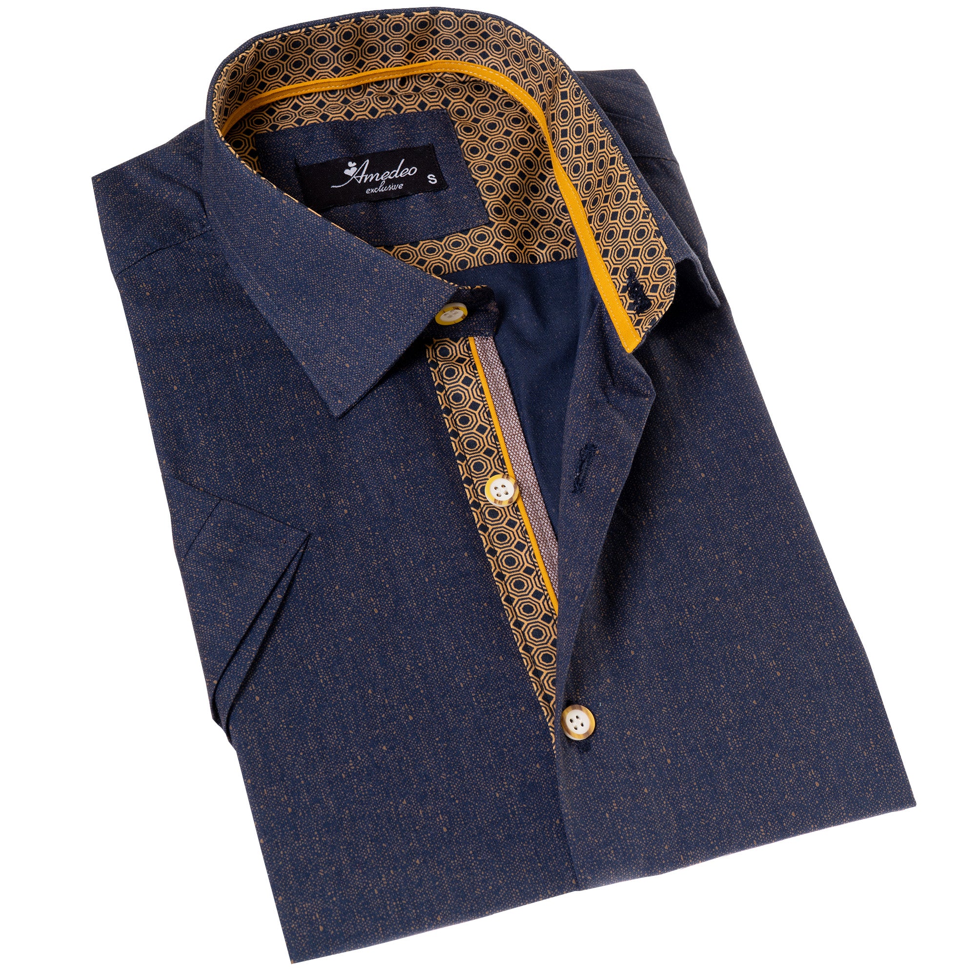 Navy Mustard Designer Paisley Short Sleeve Button-Up Shirt – Slim Fit Cotton