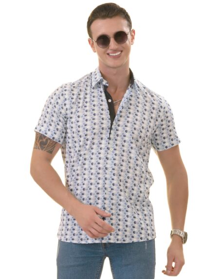 Blue & Navy Leaves Paisley Short Sleeve Button-Up Shirt – Slim Fit Cotton
