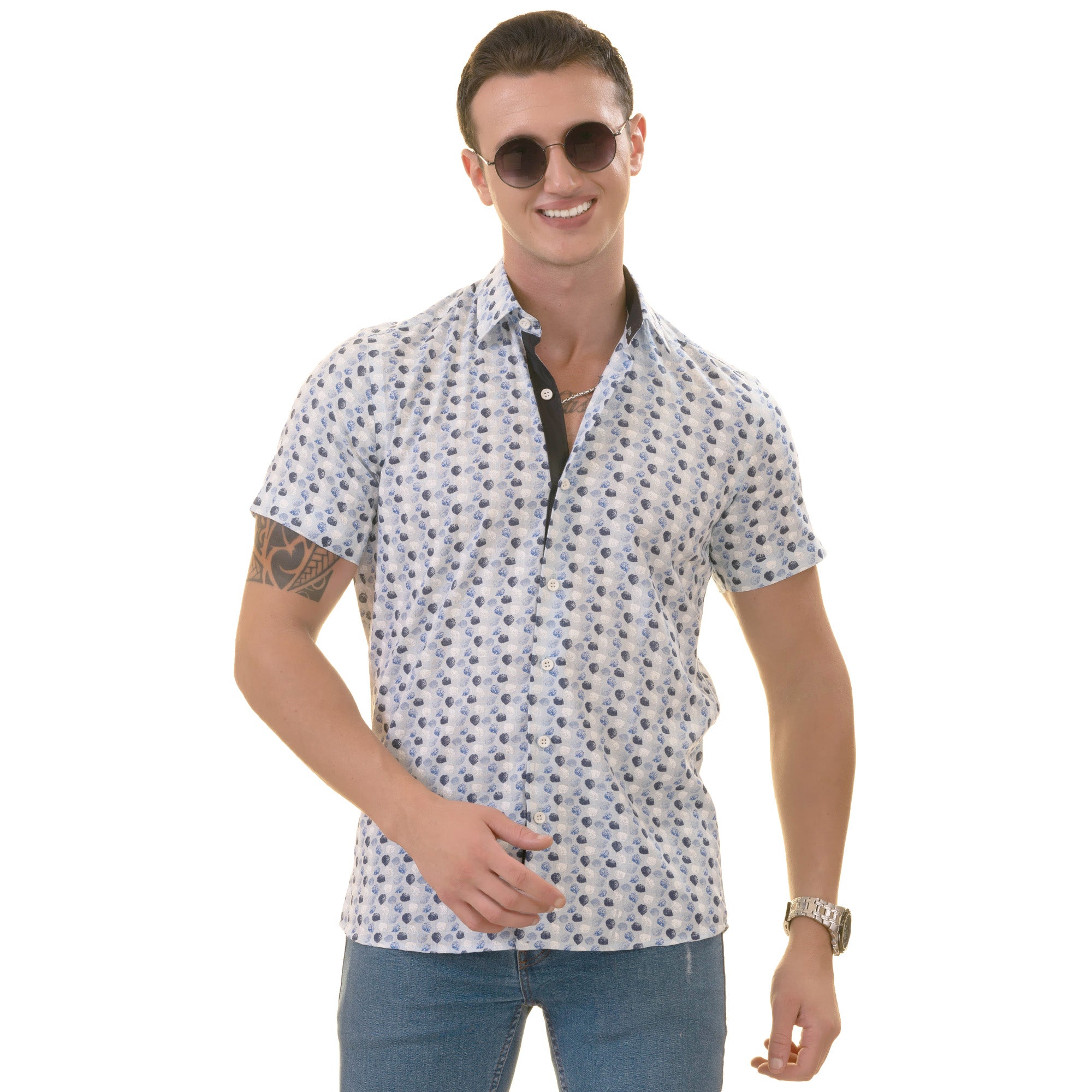 Blue & Navy Leaves Paisley Short Sleeve Button-Up Shirt - Slim Fit Cotton - Image 2