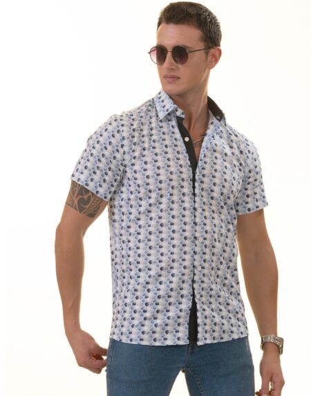 Blue & Navy Leaves Paisley Short Sleeve Button-Up Shirt – Slim Fit Cotton