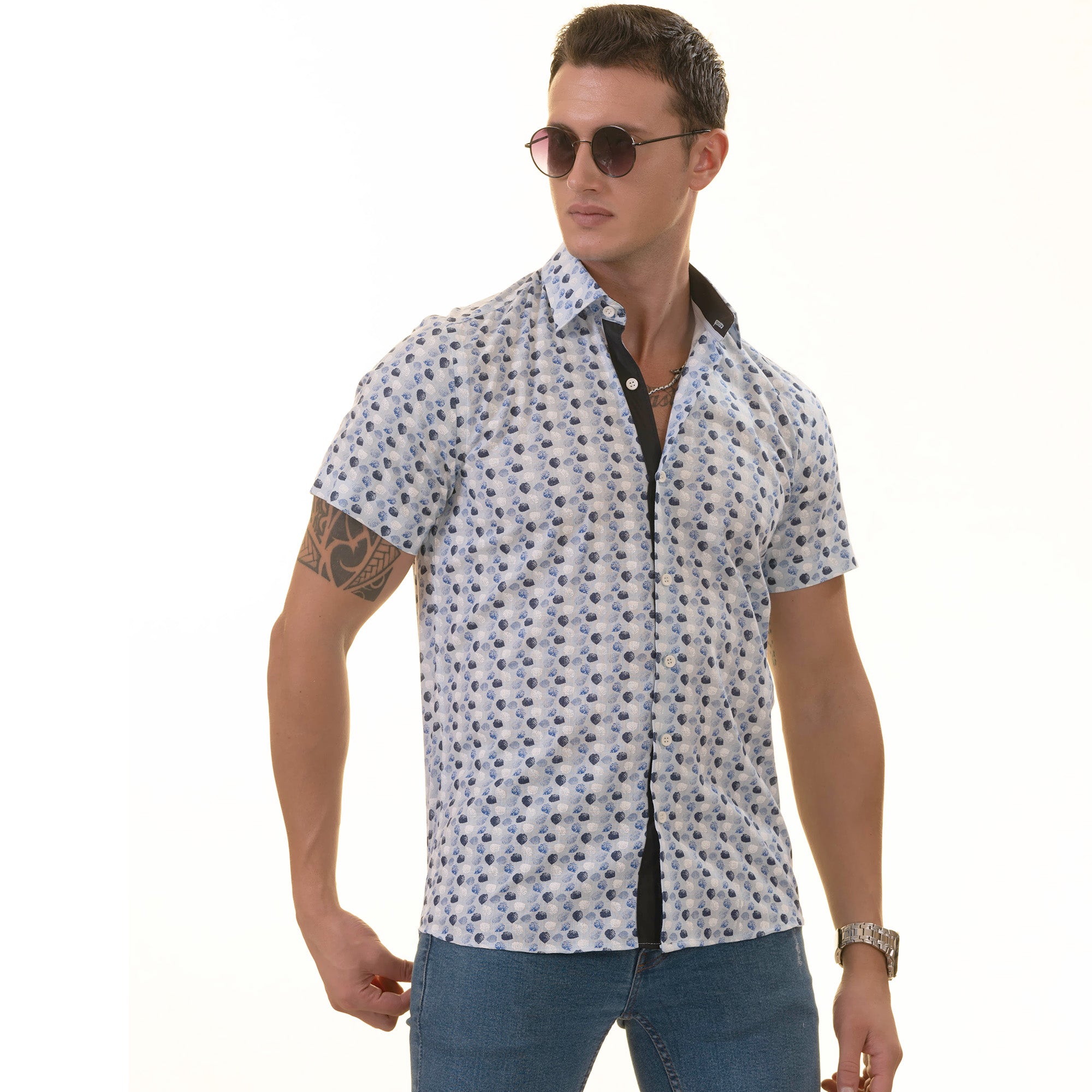 Blue & Navy Leaves Paisley Short Sleeve Button-Up Shirt - Slim Fit Cotton - Image 3