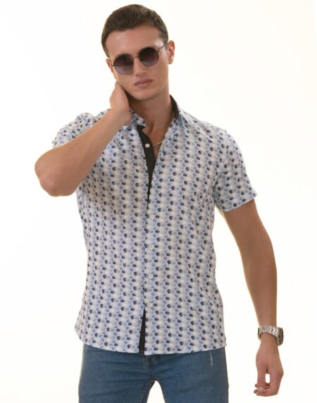 Blue & Navy Leaves Paisley Short Sleeve Button-Up Shirt – Slim Fit Cotton