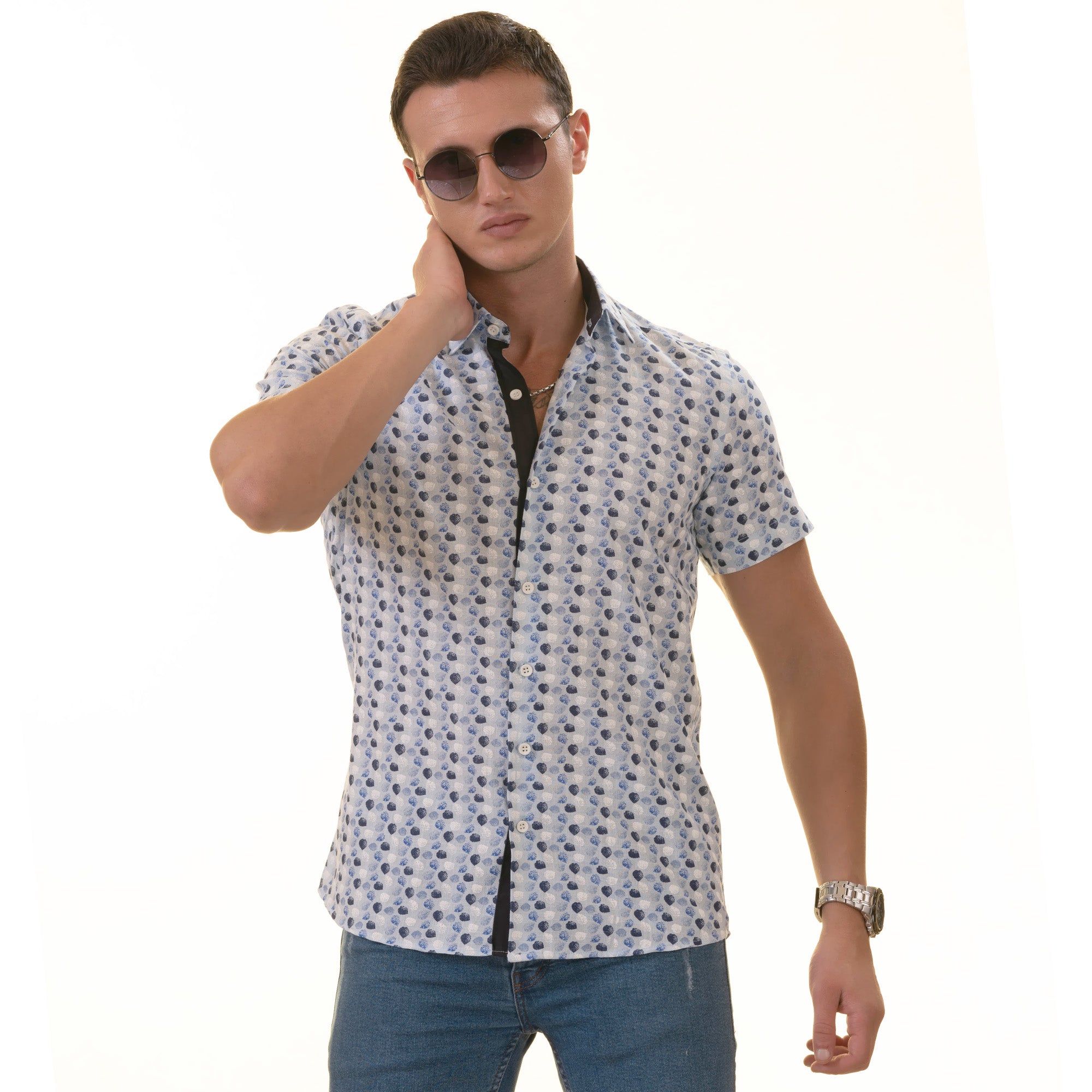 Blue & Navy Leaves Paisley Short Sleeve Button-Up Shirt - Slim Fit Cotton - Image 4