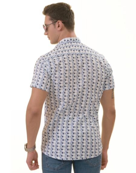 Blue & Navy Leaves Paisley Short Sleeve Button-Up Shirt – Slim Fit Cotton
