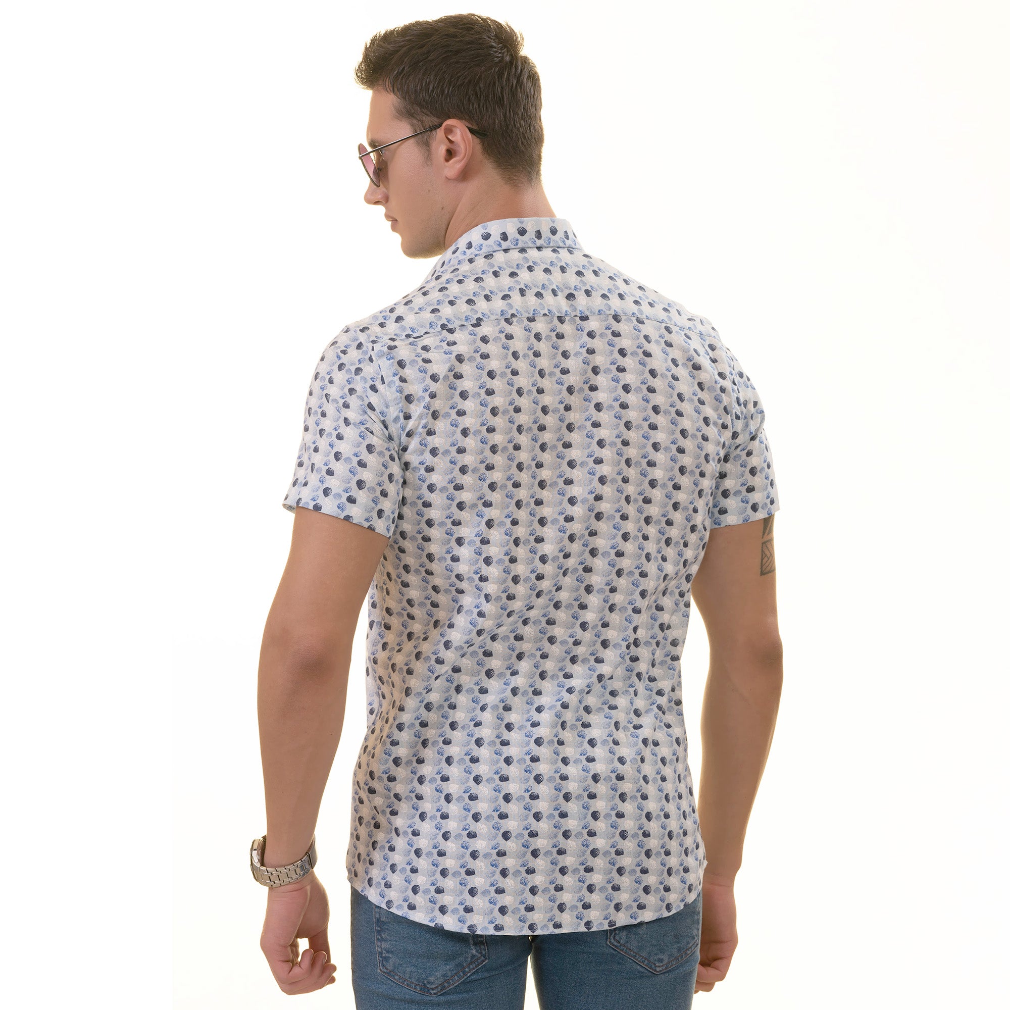 Blue & Navy Leaves Paisley Short Sleeve Button-Up Shirt - Slim Fit Cotton - Image 5