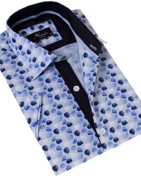 Blue & Navy Leaves Paisley Short Sleeve Button-Up Shirt – Slim Fit Cotton