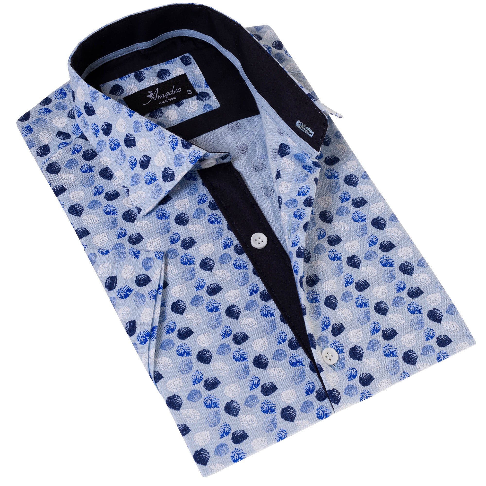 Blue & Navy Leaves Paisley Short Sleeve Button-Up Shirt – Slim Fit Cotton