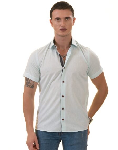 Mint Green Paisley Short Sleeve Button-Up Shirt – Slim Fit Cotton Dress Shirt