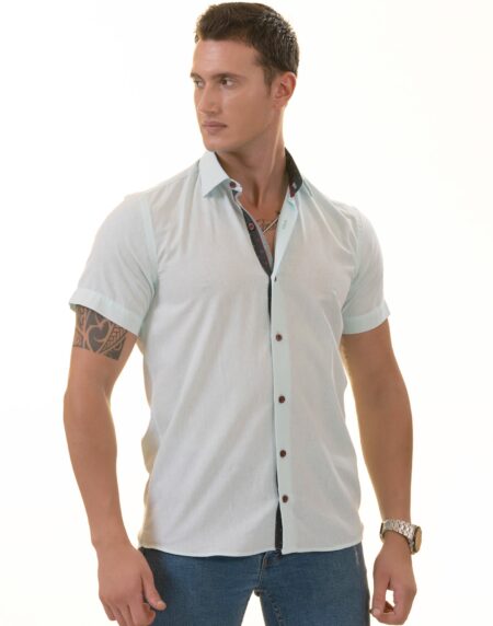 Mint Green Paisley Short Sleeve Button-Up Shirt – Slim Fit Cotton Dress Shirt