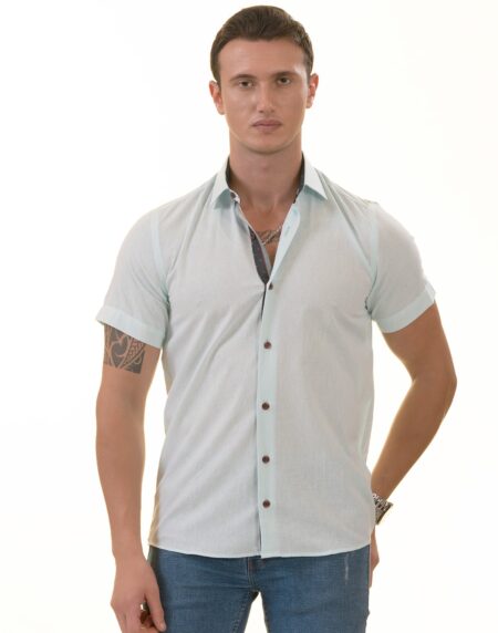 Mint Green Paisley Short Sleeve Button-Up Shirt – Slim Fit Cotton Dress Shirt