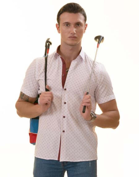 White Burgundy Paisley Slim Fit Short Sleeve Cotton Printed Button-Up Shirt