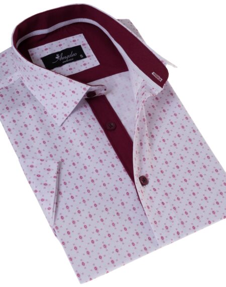 White Burgundy Paisley Slim Fit Short Sleeve Cotton Printed Button-Up Shirt