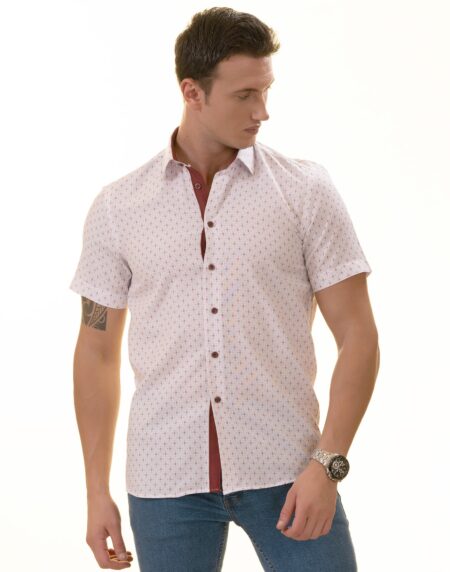 White Burgundy Paisley Slim Fit Short Sleeve Cotton Printed Button-Up Shirt